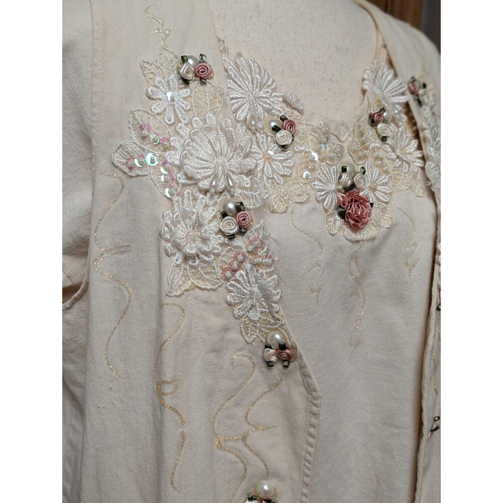 Vintage Cactus Ivory Shirt Vest Set Womens L Pearls Beads Embroidered Sequins - Picture 5 of 15